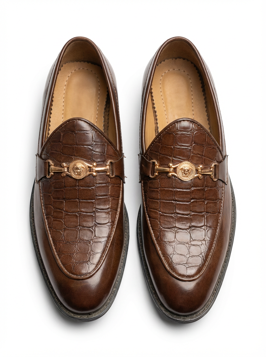 Men’s Premium Brown Crocodile Texture Loafers – Luxury Metal Buckle Formal Shoes for Men – Stylish Slip-On Office & Party Wear