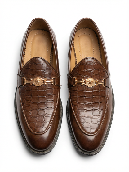 Men’s Premium Brown Crocodile Texture Loafers – Luxury Metal Buckle Formal Shoes for Men – Stylish Slip-On Office & Party Wear