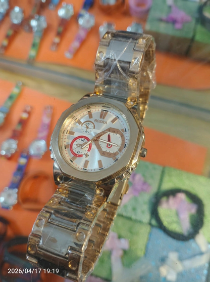ROSRA Luxury Gold Edition Chronograph Style Watch for Men – Octagonal Bezel Design with Stainless Steel Chain Strap – Premium Fashion Business Wristwatch