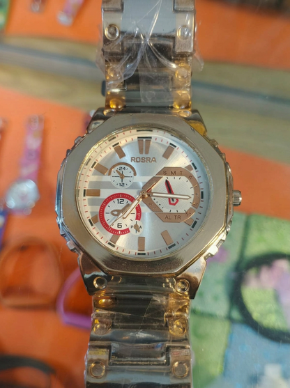 ROSRA Luxury Gold Edition Chronograph Style Watch for Men – Octagonal Bezel Design with Stainless Steel Chain Strap – Premium Fashion Business Wristwatch