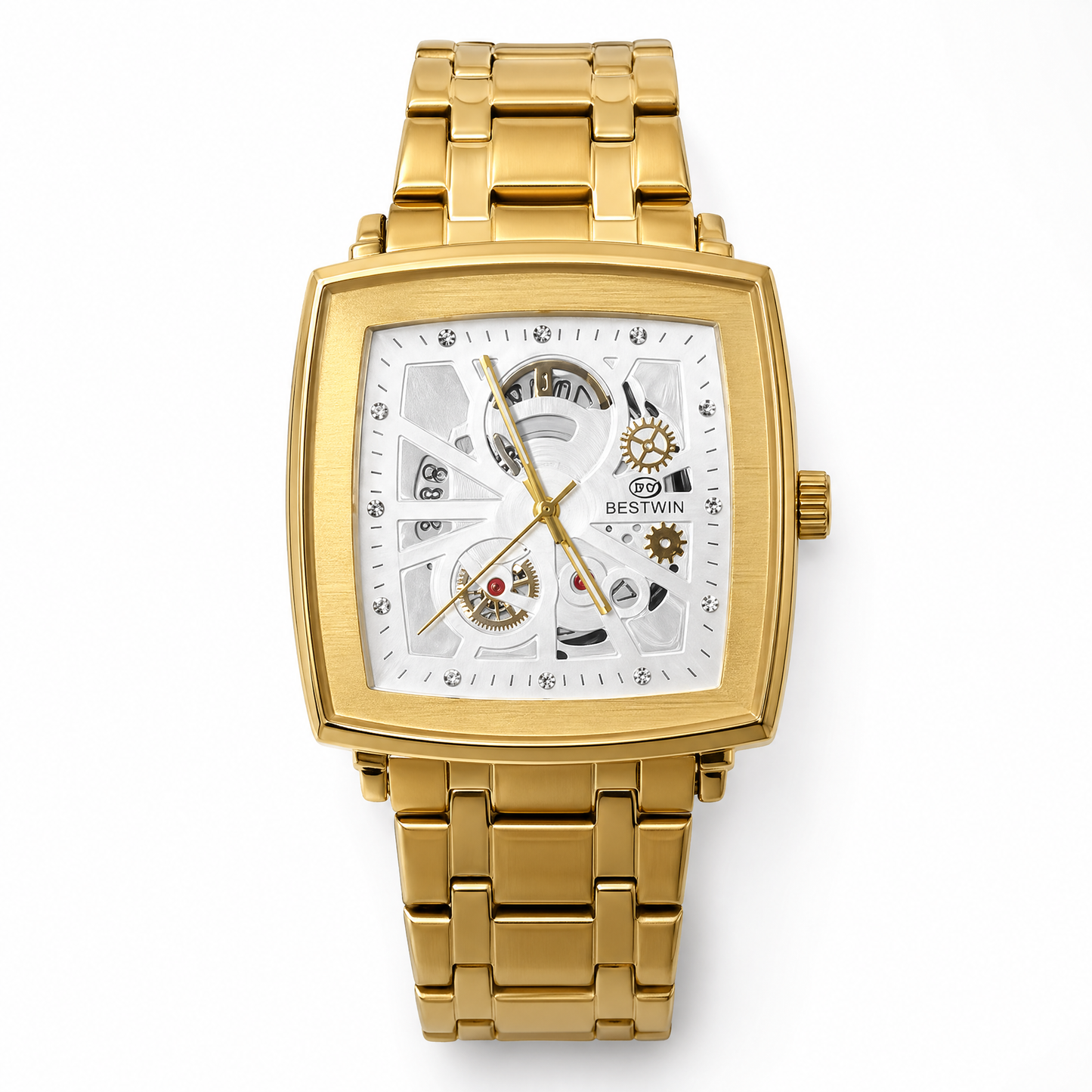Luxury Gold Skeleton Square Watch – Premium Stainless Steel Designer Timepiece