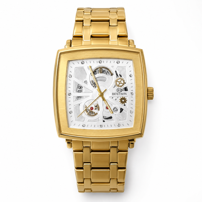 Luxury Gold Skeleton Square Watch – Premium Stainless Steel Designer Timepiece