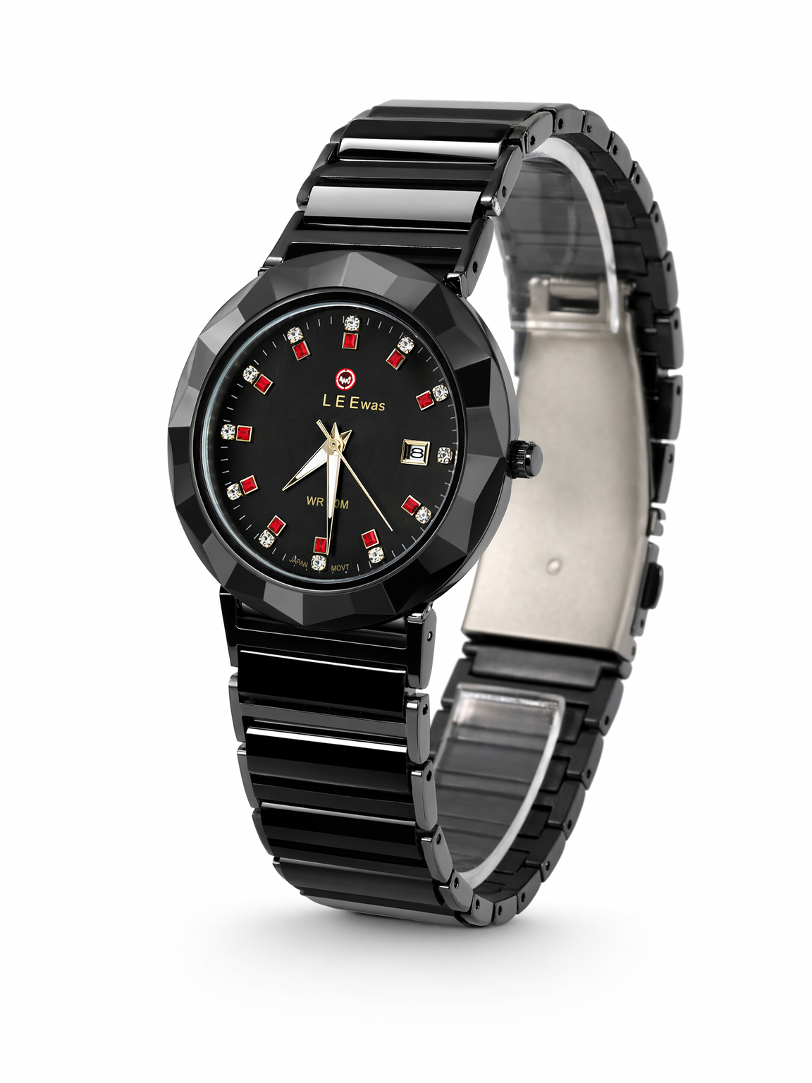 Luxury Black Stainless Steel Watch with Crystal Dial & Date Display