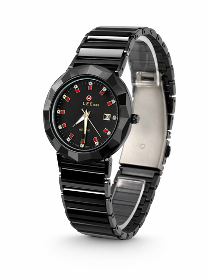 Luxury Black Stainless Steel Watch with Crystal Dial & Date Display