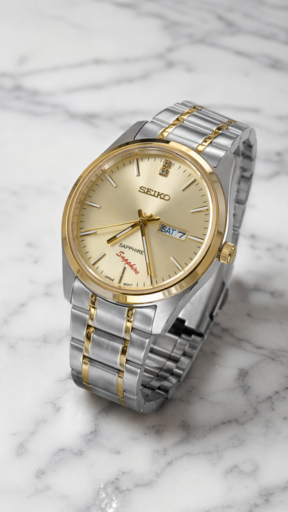 Classic Two-Tone Stainless Steel Watch with Gold Dial & Day-Date Display