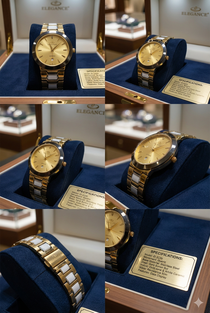 Elegance Men’s Luxury Quartz Watch - Gold Sunburn Dial with Date Display