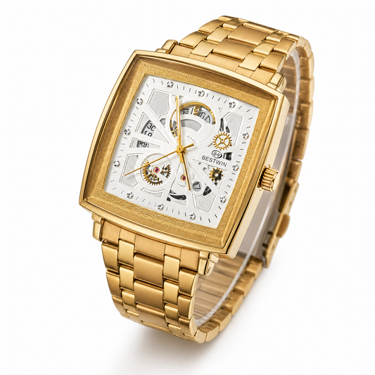 Luxury Gold Skeleton Square Watch – Premium Stainless Steel Designer Timepiece