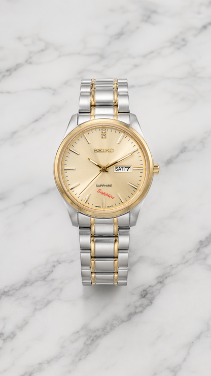 Classic Two-Tone Stainless Steel Watch with Gold Dial & Day-Date Display