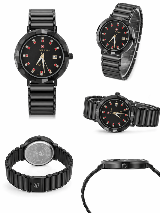 Luxury Black Stainless Steel Watch with Crystal Dial & Date Display