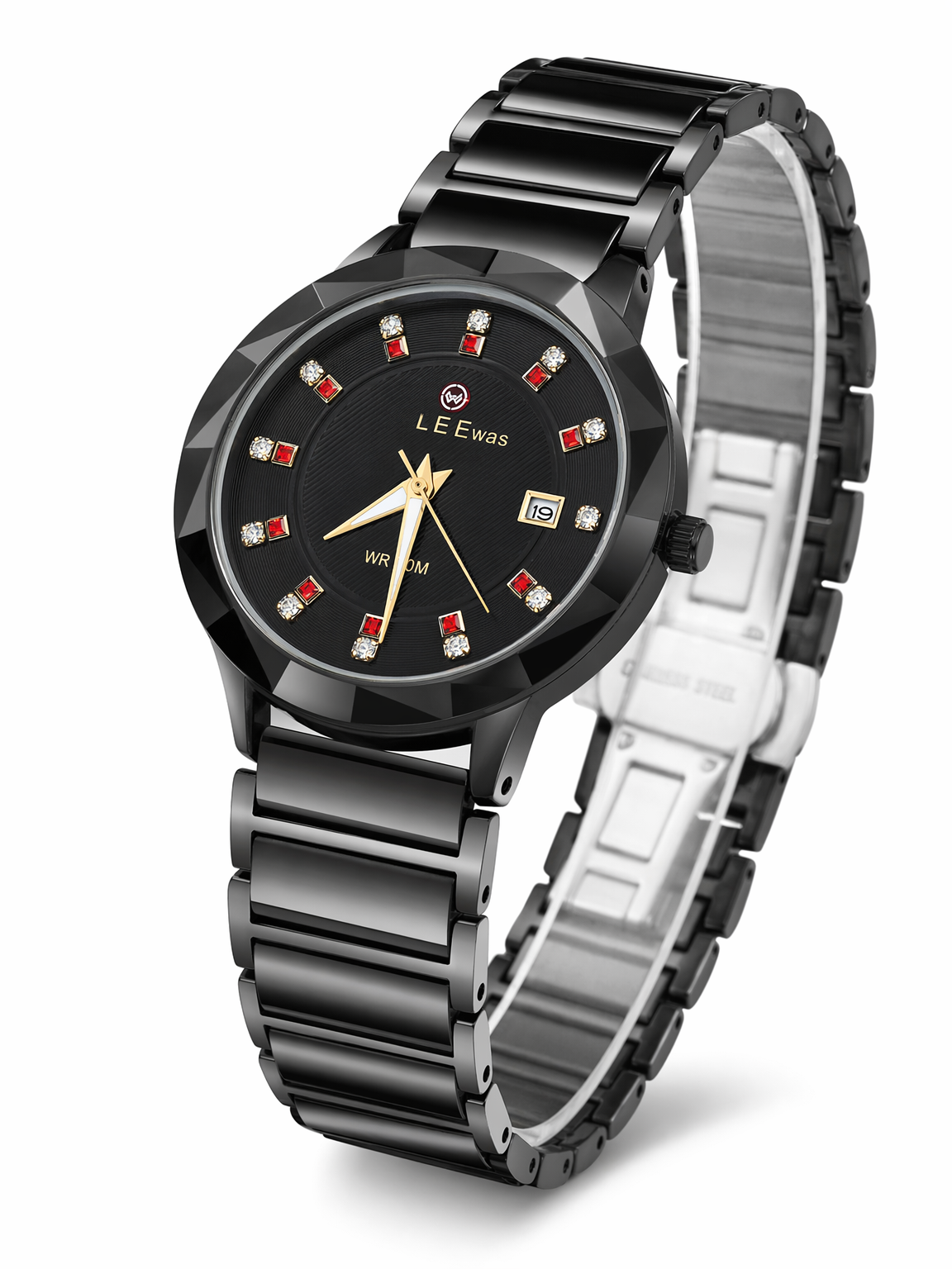Luxury Black Stainless Steel Watch with Crystal Dial & Date Display