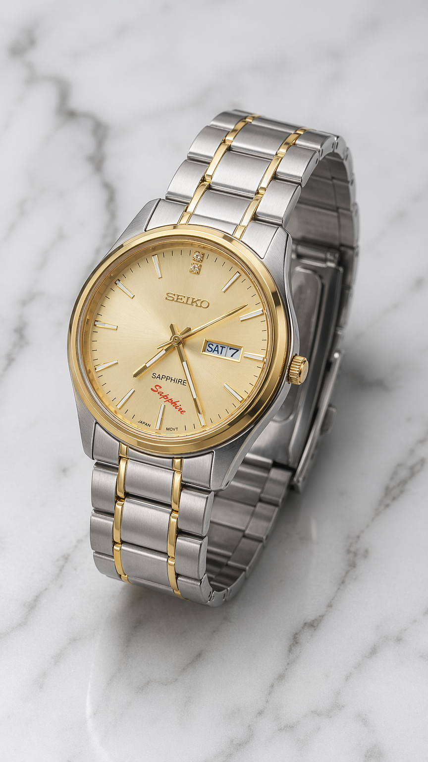 Classic Two-Tone Stainless Steel Watch with Gold Dial & Day-Date Display