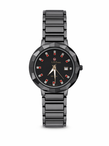 Luxury Black Stainless Steel Watch with Crystal Dial & Date Display