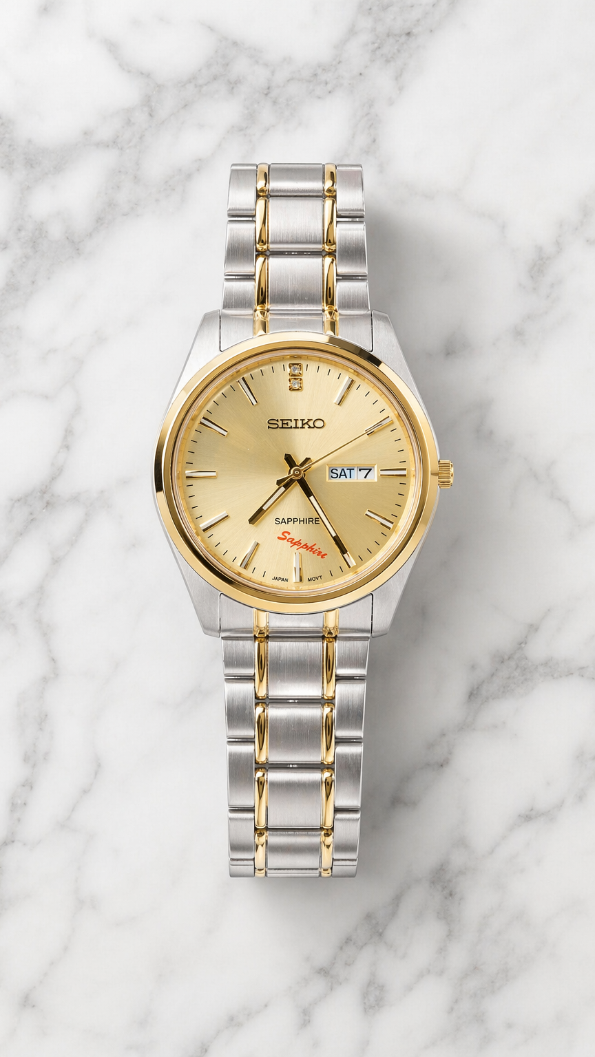 Classic Two-Tone Stainless Steel Watch with Gold Dial & Day-Date Display