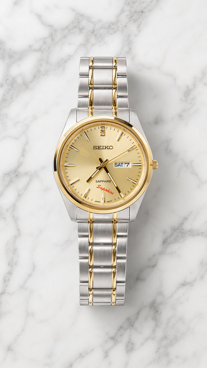 Classic Two-Tone Stainless Steel Watch with Gold Dial & Day-Date Display