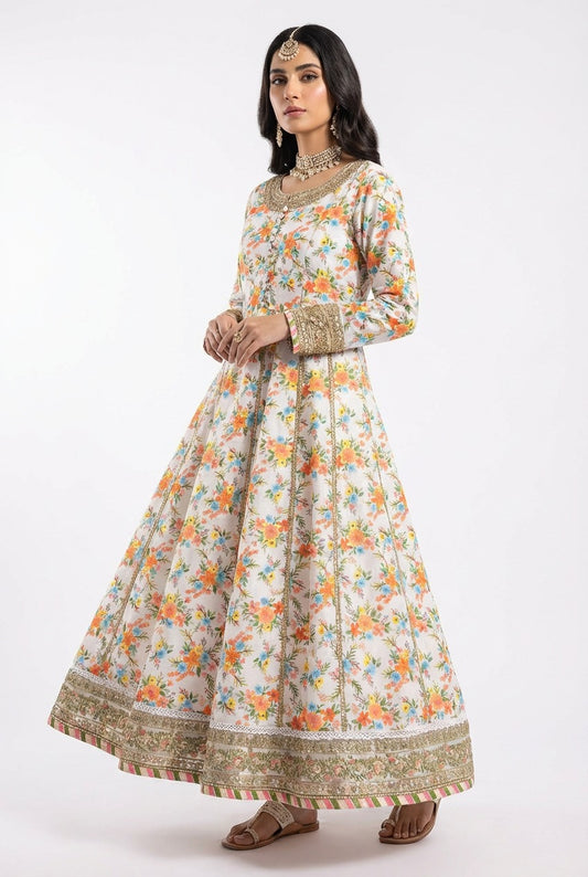 Stitched Floral Print Long Pishwas Maxi Dress for Women – 3 Piece Set with Embroidered Border & Matching Dupatta – Elegant Party & Casual Wear