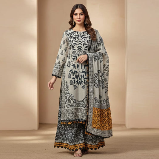 Elegant Grey & Black Printed Lawn 2-Piece Suit with Contrast Dupatta