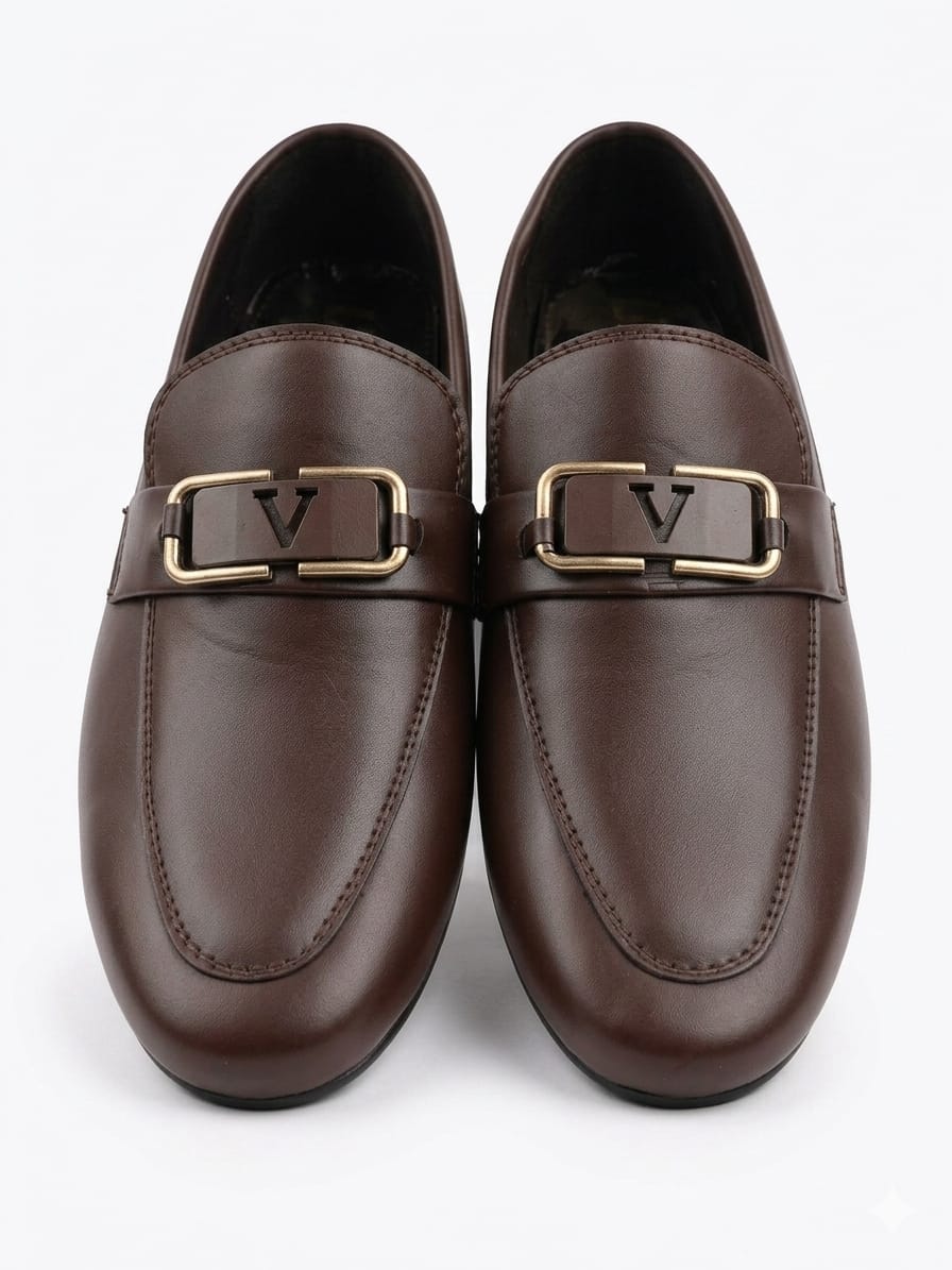 Men’s Brown Formal Loafers – Premium Slip-On Dress Shoes with Metal Buckle