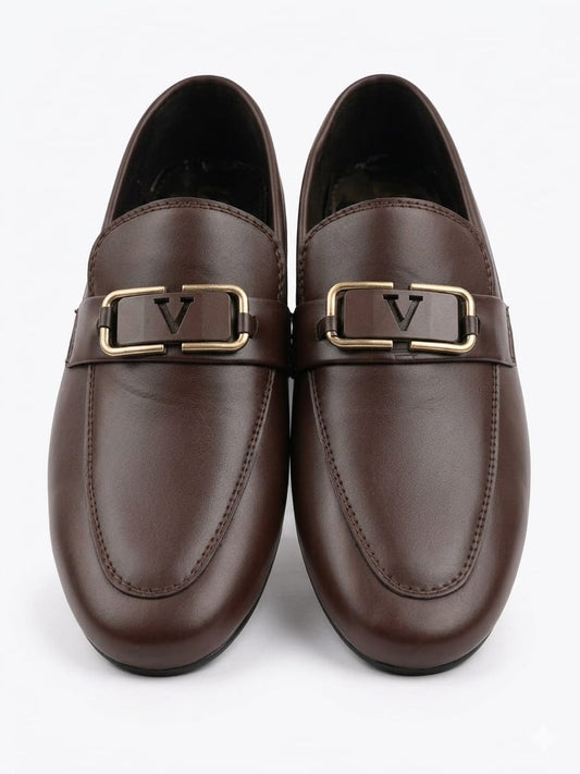 Men’s Brown Formal Loafers – Premium Slip-On Dress Shoes with Metal Buckle