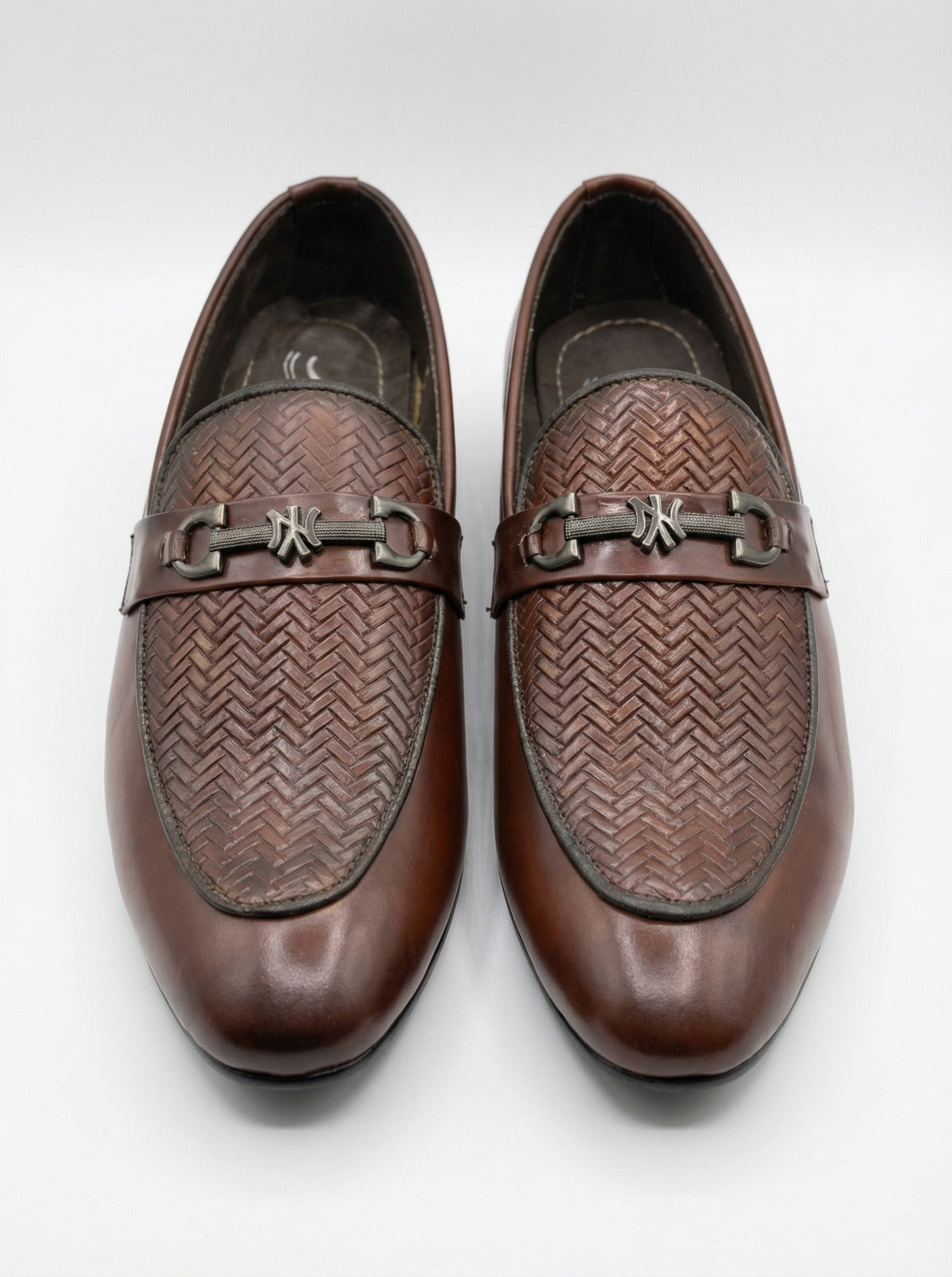 Men’s Brown Woven Leather Loafers – Stylish Slip-On Formal & Casual Shoes with Metal Buckle