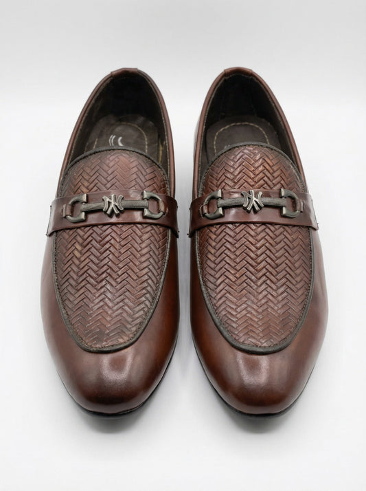 Men’s Brown Woven Leather Loafers – Stylish Slip-On Formal & Casual Shoes with Metal Buckle