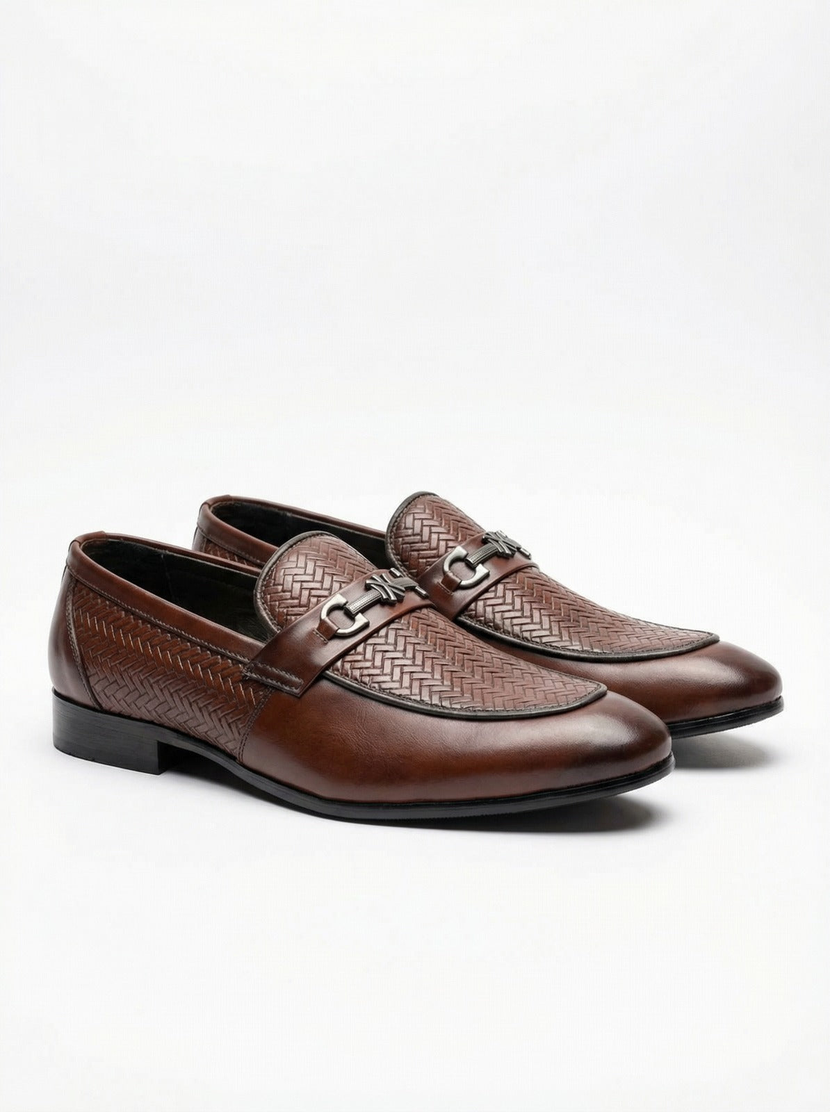 Men’s Brown Woven Leather Loafers – Stylish Slip-On Formal & Casual Shoes with Metal Buckle