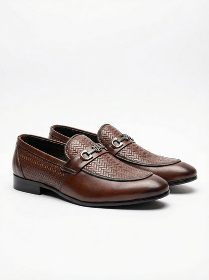 Men’s Brown Woven Leather Loafers – Stylish Slip-On Formal & Casual Shoes with Metal Buckle