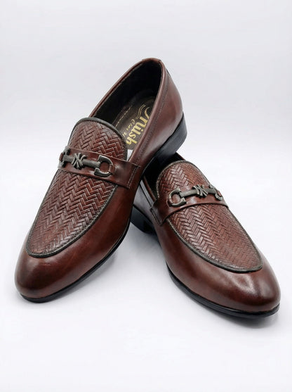Men’s Brown Woven Leather Loafers – Stylish Slip-On Formal & Casual Shoes with Metal Buckle