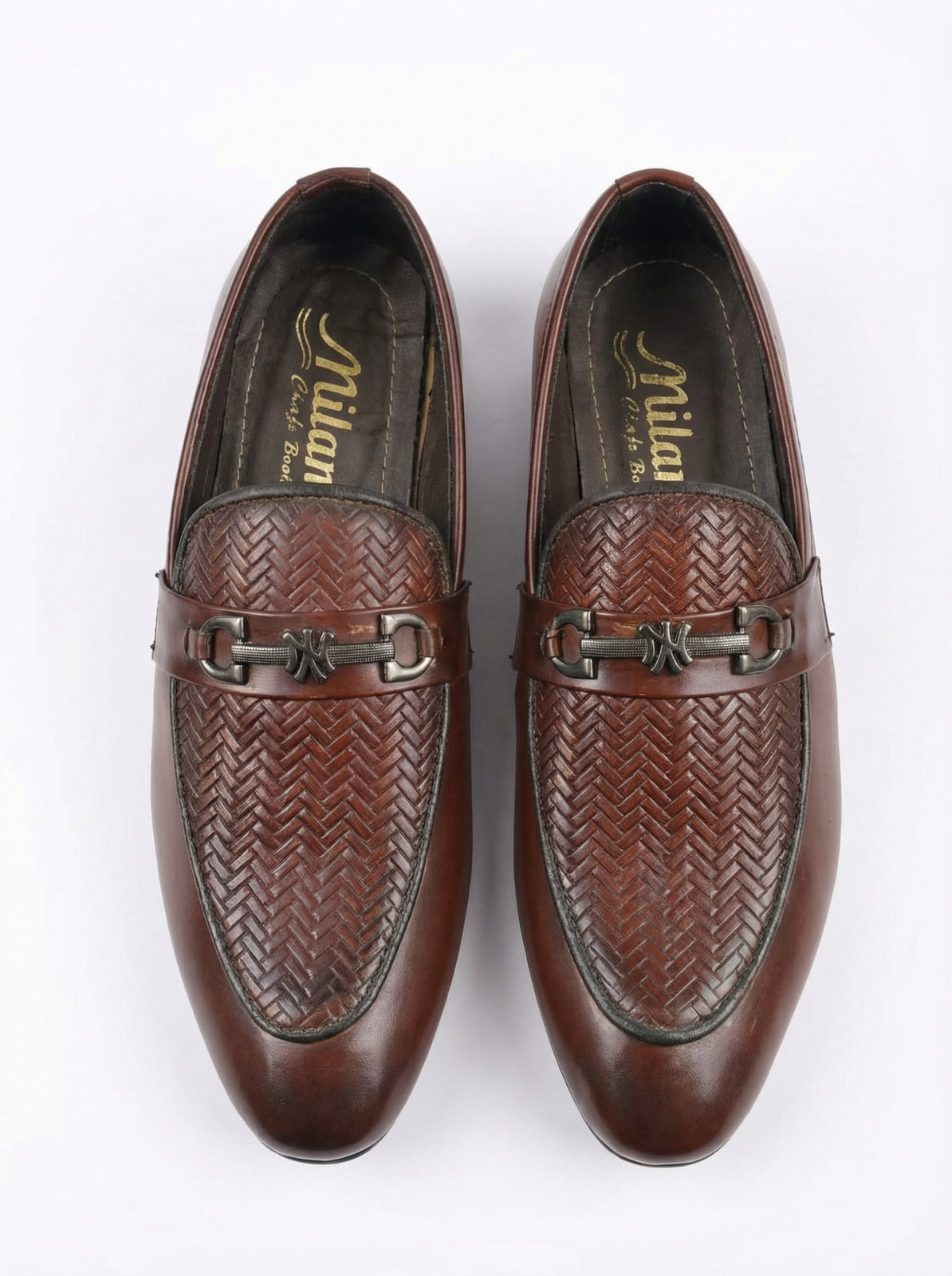 Men’s Brown Woven Leather Loafers – Stylish Slip-On Formal & Casual Shoes with Metal Buckle