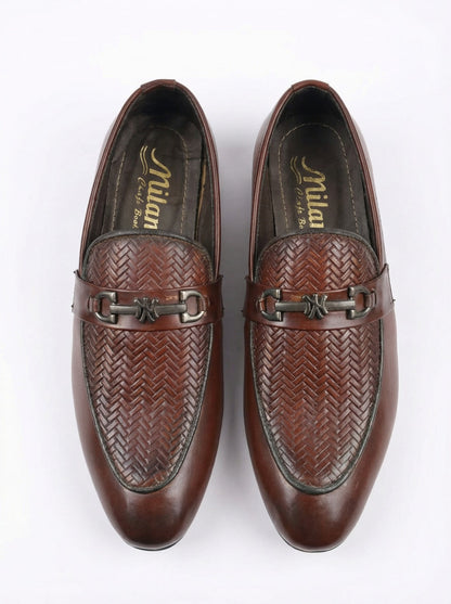 Men’s Brown Woven Leather Loafers – Stylish Slip-On Formal & Casual Shoes with Metal Buckle