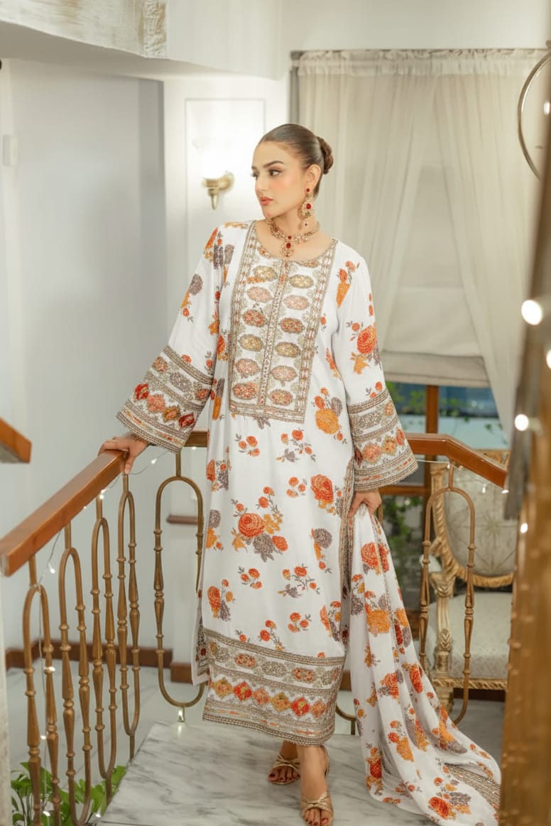 Elegant stitched 3PC Suit with Digital Print & Sequence Dupatta