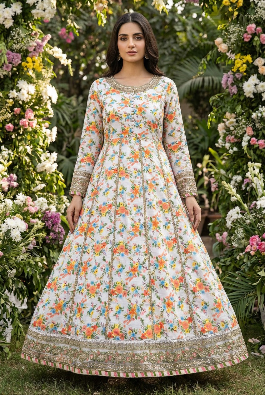 Stitched Floral Print Long Pishwas Maxi Dress for Women – 3 Piece Set with Embroidered Border & Matching Dupatta – Elegant Party & Casual Wear