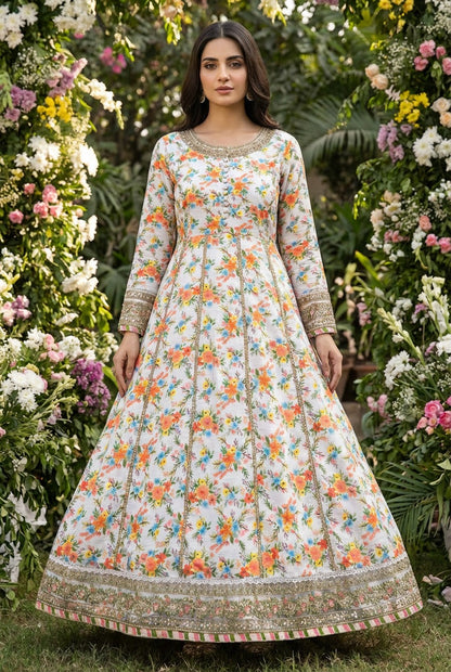 Stitched Floral Print Long Pishwas Maxi Dress for Women – 3 Piece Set with Embroidered Border & Matching Dupatta – Elegant Party & Casual Wear