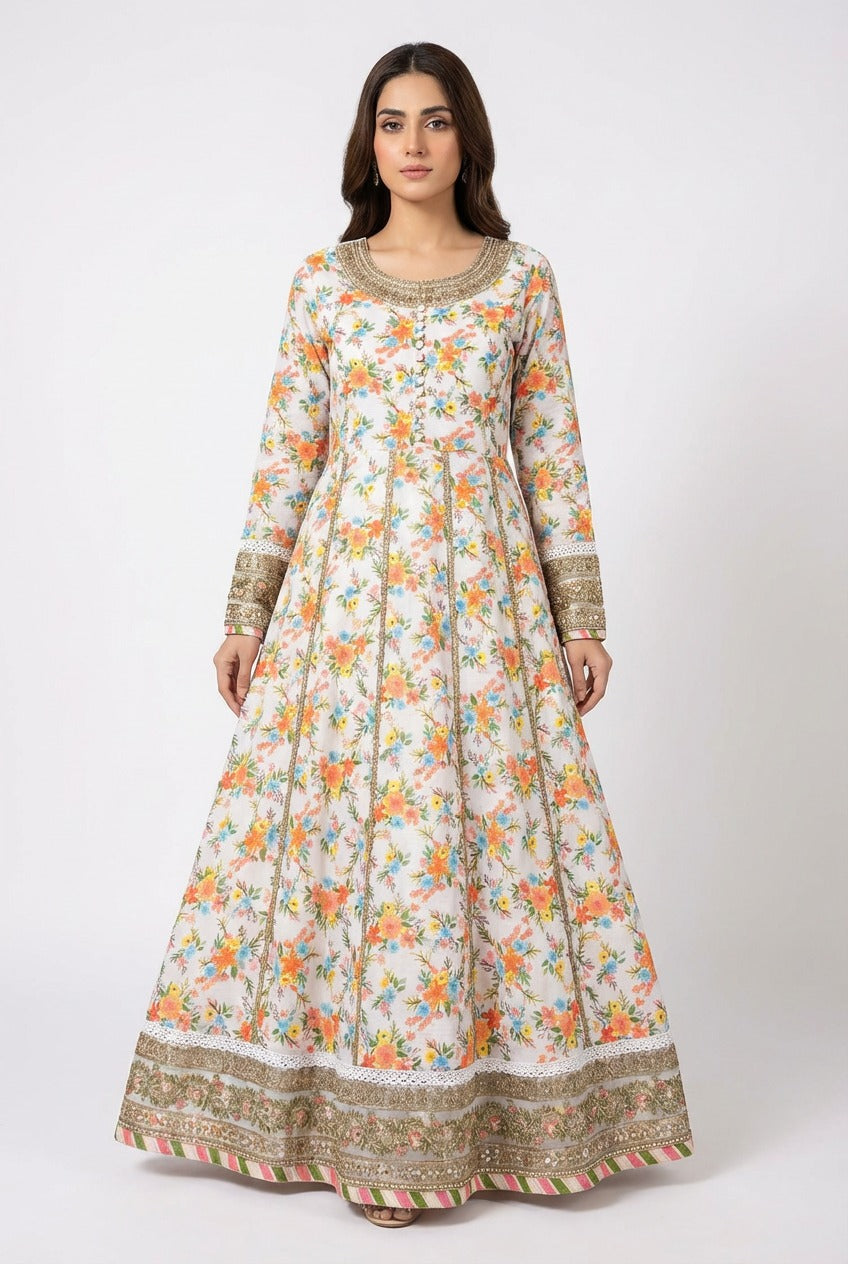 Stitched Floral Print Long Pishwas Maxi Dress for Women – 3 Piece Set with Embroidered Border & Matching Dupatta – Elegant Party & Casual Wear
