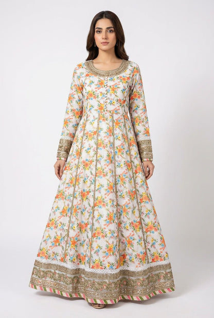 Stitched Floral Print Long Pishwas Maxi Dress for Women – 3 Piece Set with Embroidered Border & Matching Dupatta – Elegant Party & Casual Wear