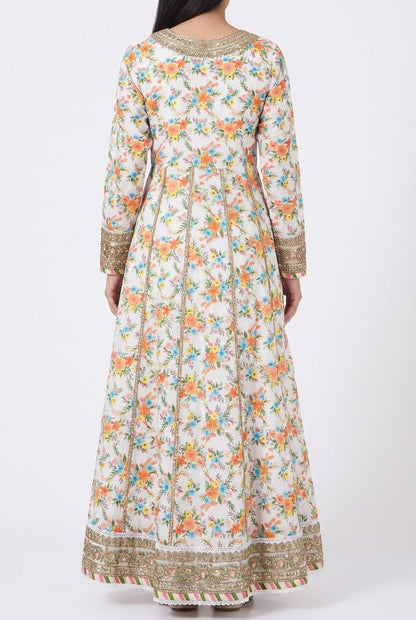 Stitched Floral Print Long Pishwas Maxi Dress for Women – 3 Piece Set with Embroidered Border & Matching Dupatta – Elegant Party & Casual Wear