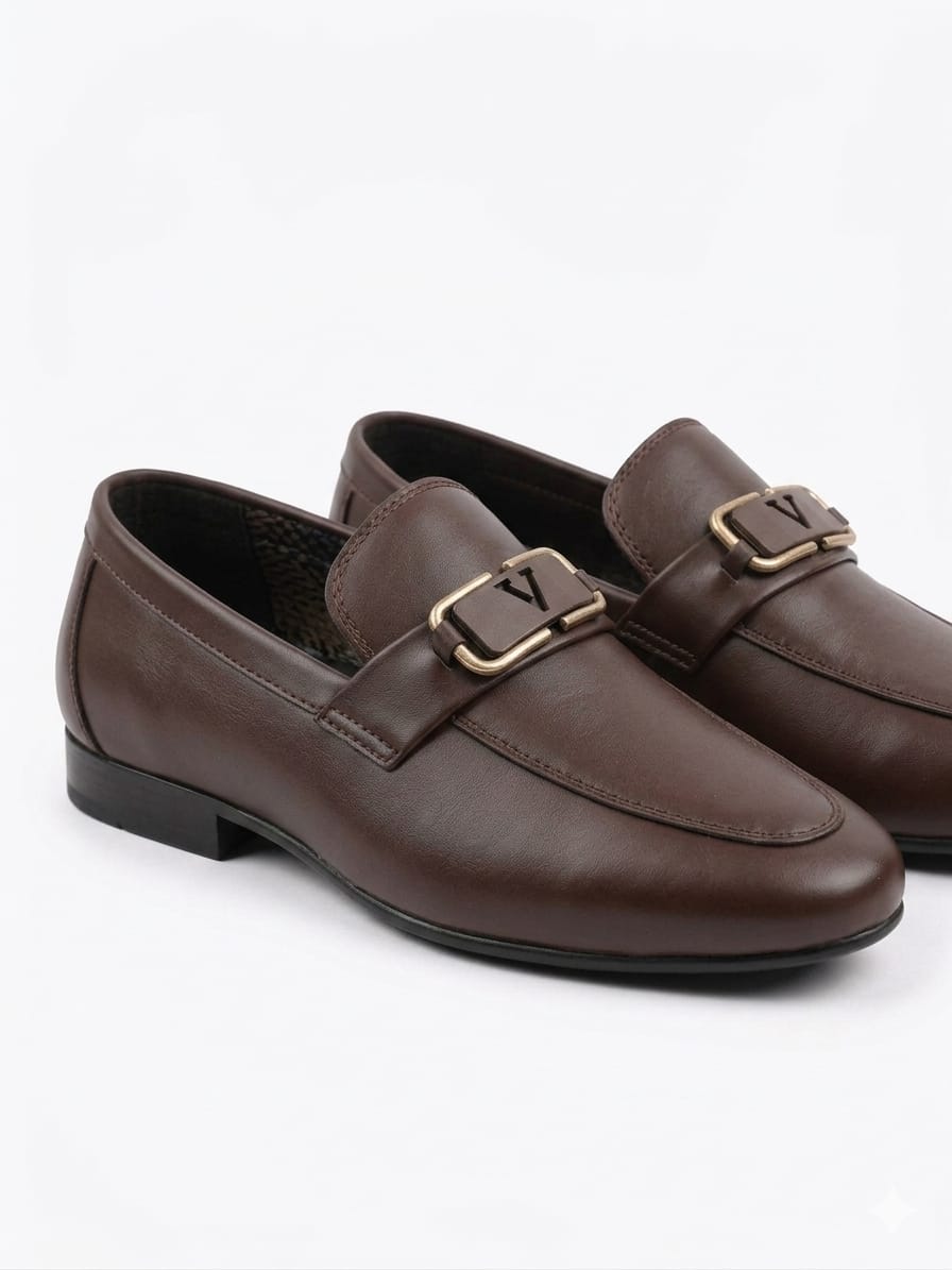 Men’s Brown Formal Loafers – Premium Slip-On Dress Shoes with Metal Buckle