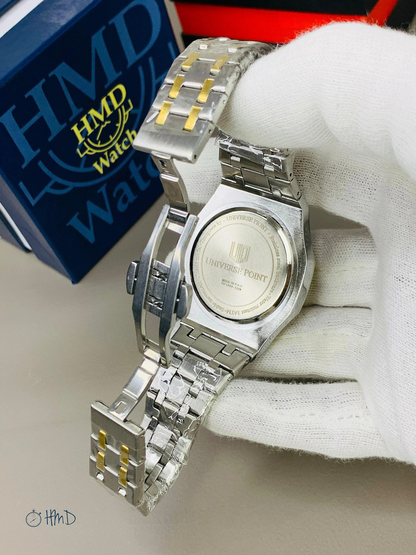 Luxury Two-Tone Men's Watch – Gold Bezel & Silver Stainless Steel Chain – Slim Analog Quartz Wristwatch for Men