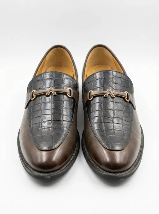 Men’s Brown Crocodile Texture Slip-On Loafers – Classic Formal Dress Shoes for Men