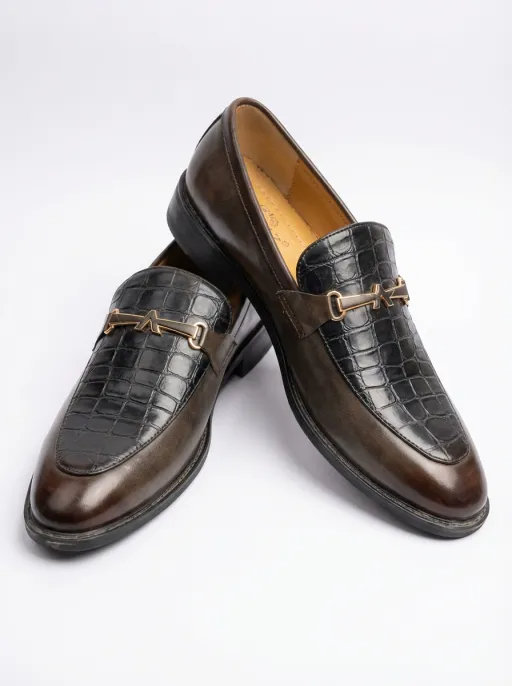 Men’s Brown Crocodile Texture Slip-On Loafers – Classic Formal Dress Shoes for Men