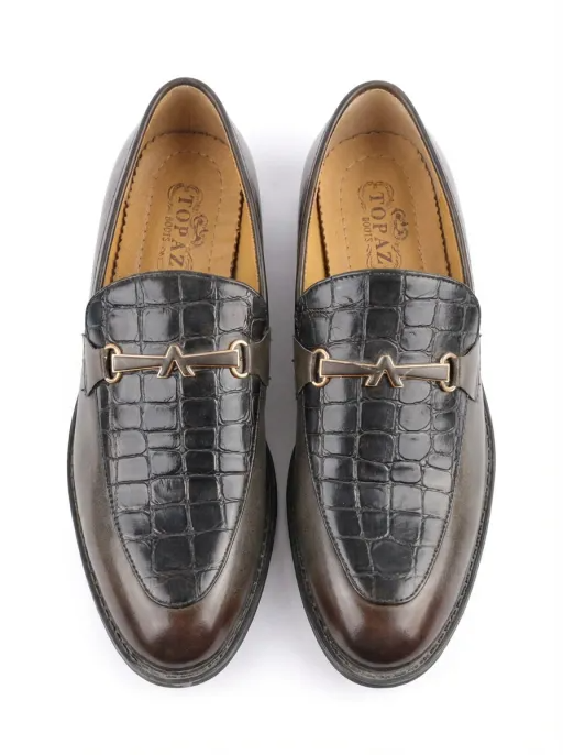 Men’s Brown Crocodile Texture Slip-On Loafers – Classic Formal Dress Shoes for Men