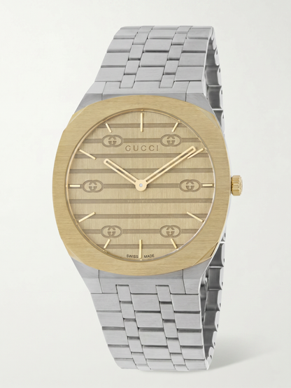 Luxury Two-Tone Men's Watch – Gold Bezel & Silver Stainless Steel Chain – Slim Analog Quartz Wristwatch for Men