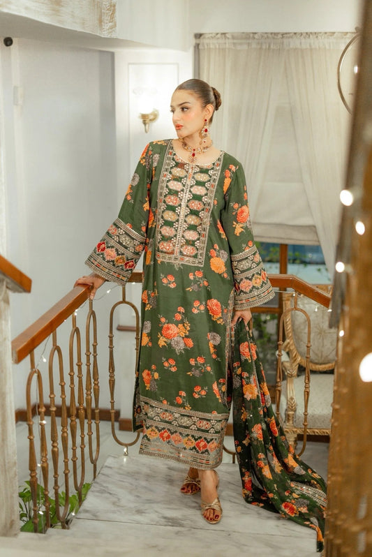 Elegant stitched 3PC Suit with Digital Print & Sequence Dupatta