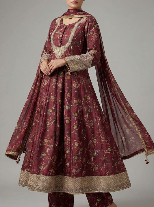 Women 3 Piece Embroidered Suit – Maroon Floral Printed Shirt with Dupatta & Trouser | Party & Festive Wear