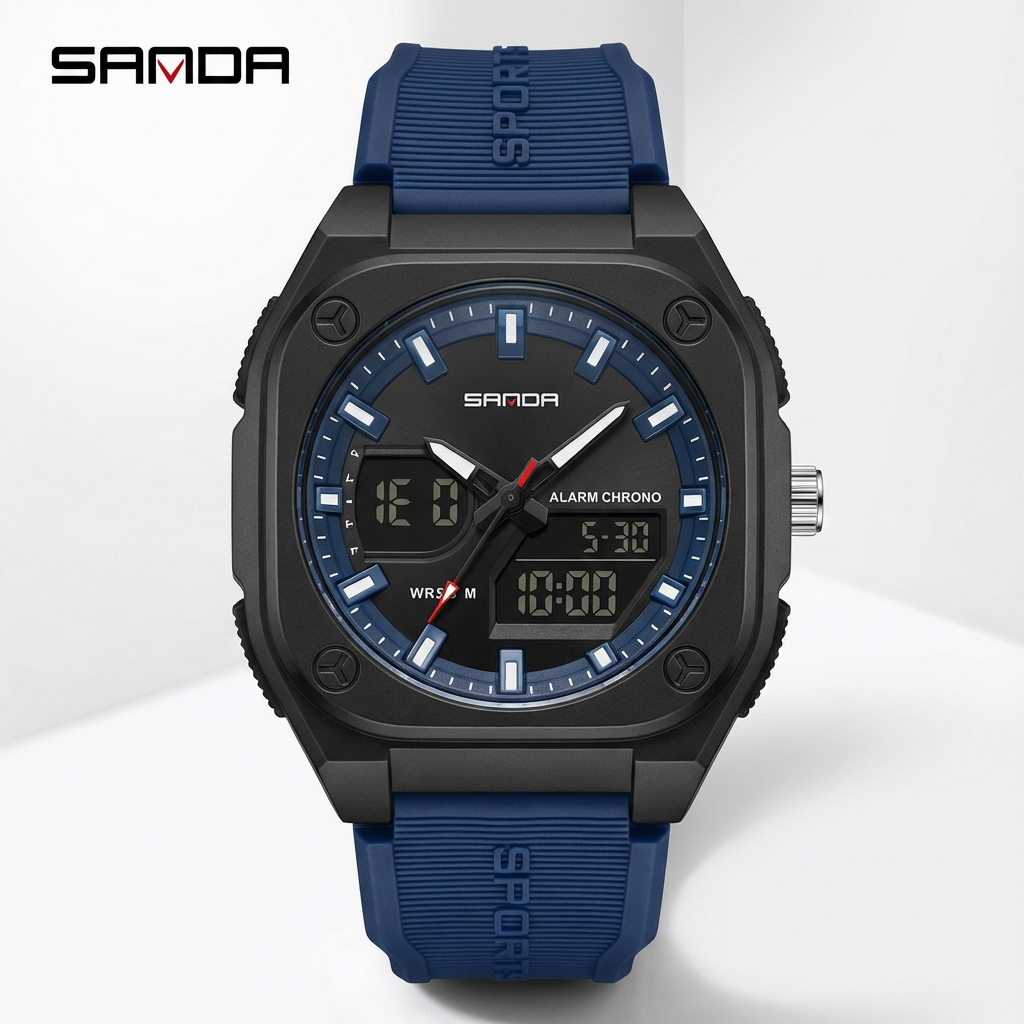 SANDA Fashion Square Case Sport Watch for Men - Luminous Hands & LED Backlight - Water Resistant Chronograph