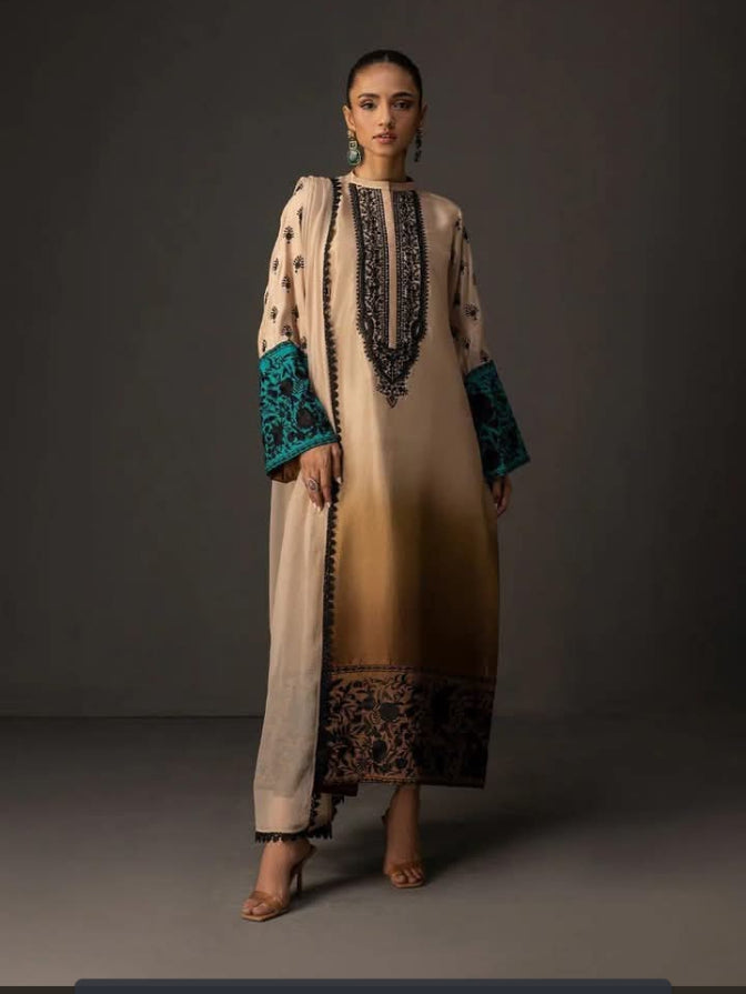 Ombre Embroidered stitched Suit Set Purple 3 piece