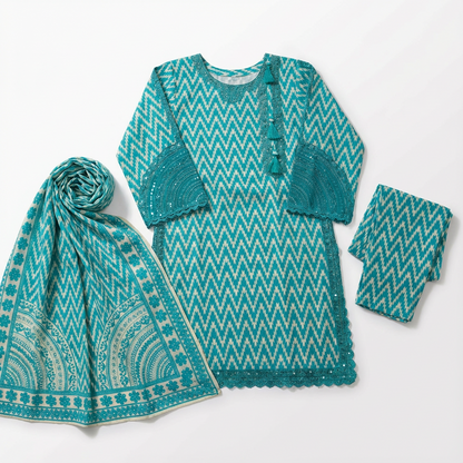 3-Piece Women’s Teal & White Printed cotton Suit