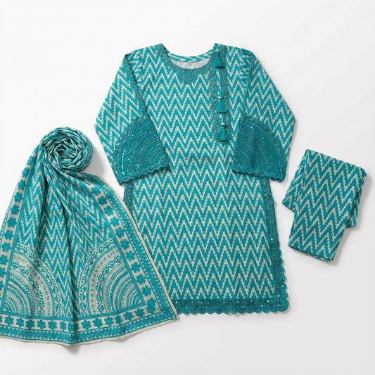 3-Piece Women’s Teal & White Printed cotton Suit