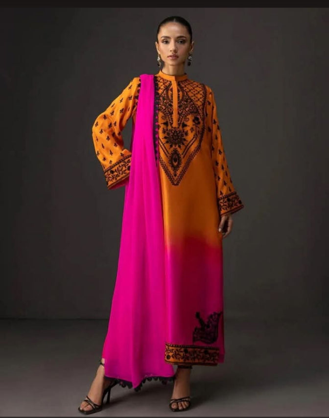Ombre Embroidered stitched Suit Set Purple 3 piece