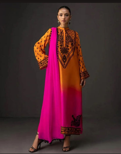 Ombre Embroidered stitched Suit Set Purple 3 piece
