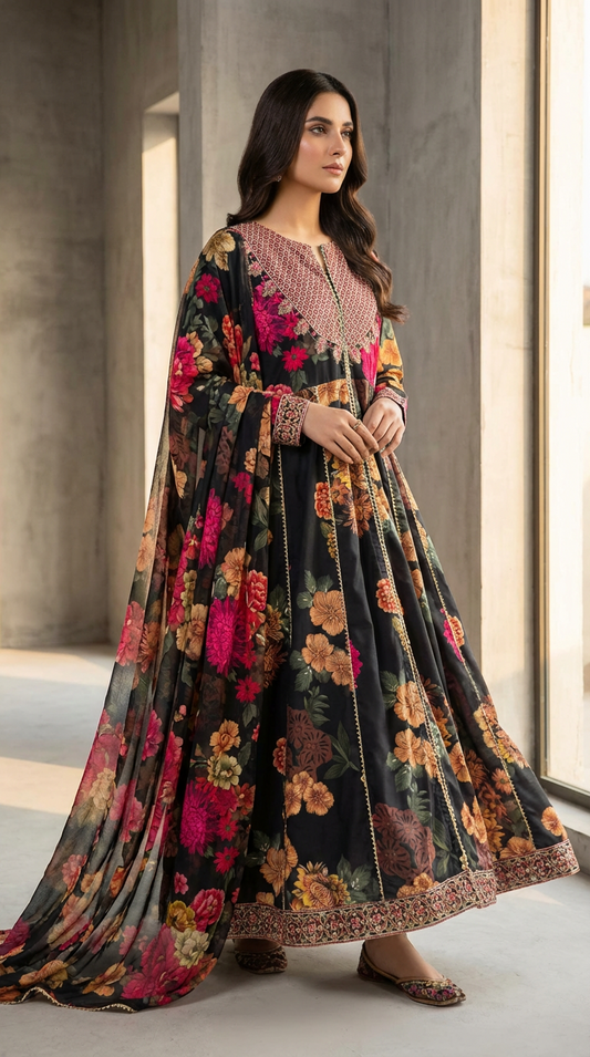 Women Black Floral Printed 3 Piece Suit | Long Maxi Style Shirt with Dupatta | Elegant Party & Festive Wear